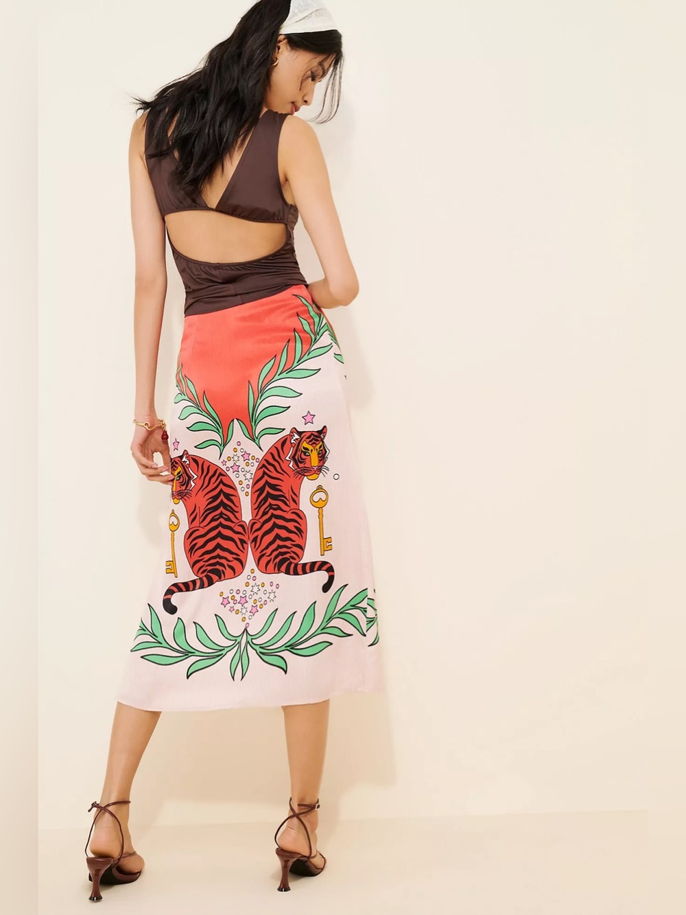 ANTHROPOLOGIE S Bl-nk Lania Slip Midi Skirt • Boho Tiger Print Silky Slit - Picture 9 of 12